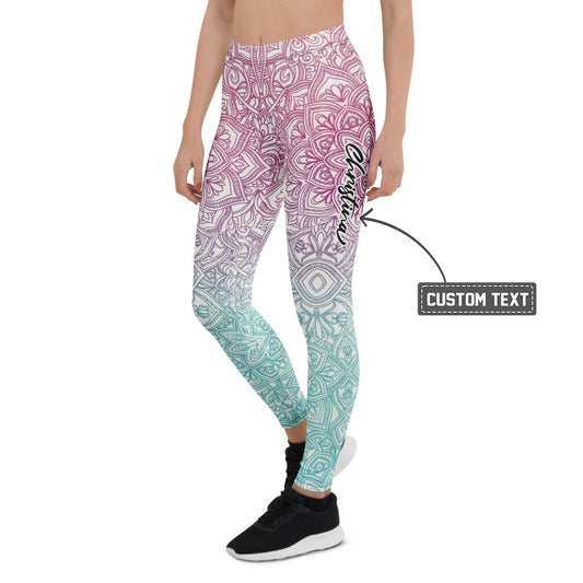 Personalisierte Yoga Leggings Damen Mandala Muster Farbverlauf Türkis Lila Fitness Sportleggings B898 - XL