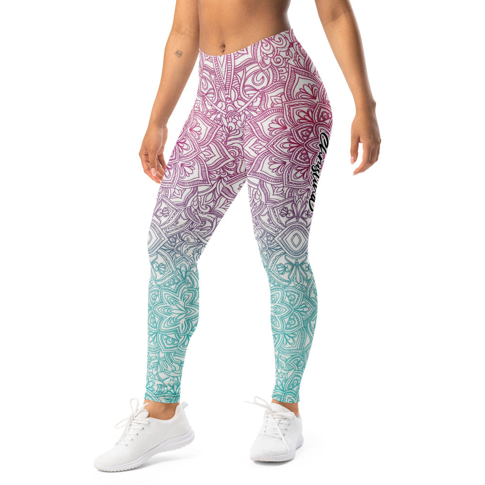Personalisierte Yoga Leggings Damen Mandala Muster Farbverlauf Türkis Lila Fitness Sportleggings B898
