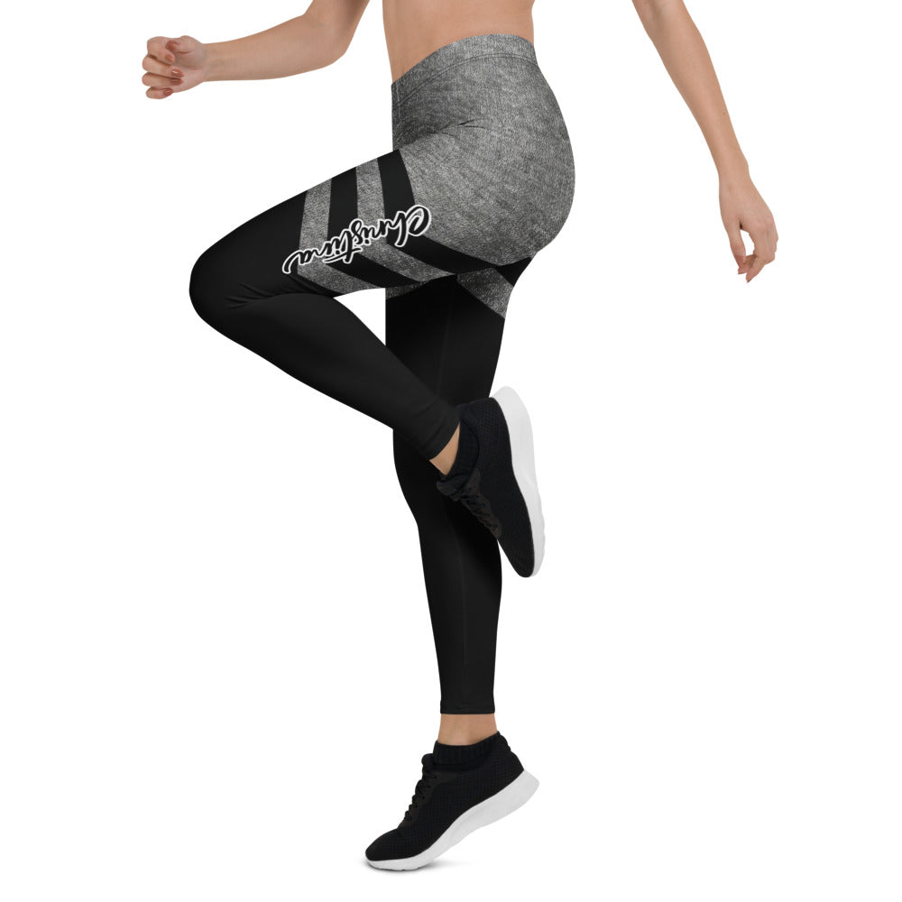 Personalisierte Damen Sportleggings Schwarz Grau Meliert Kontrast-Design Fitness Yoga Leggings W860