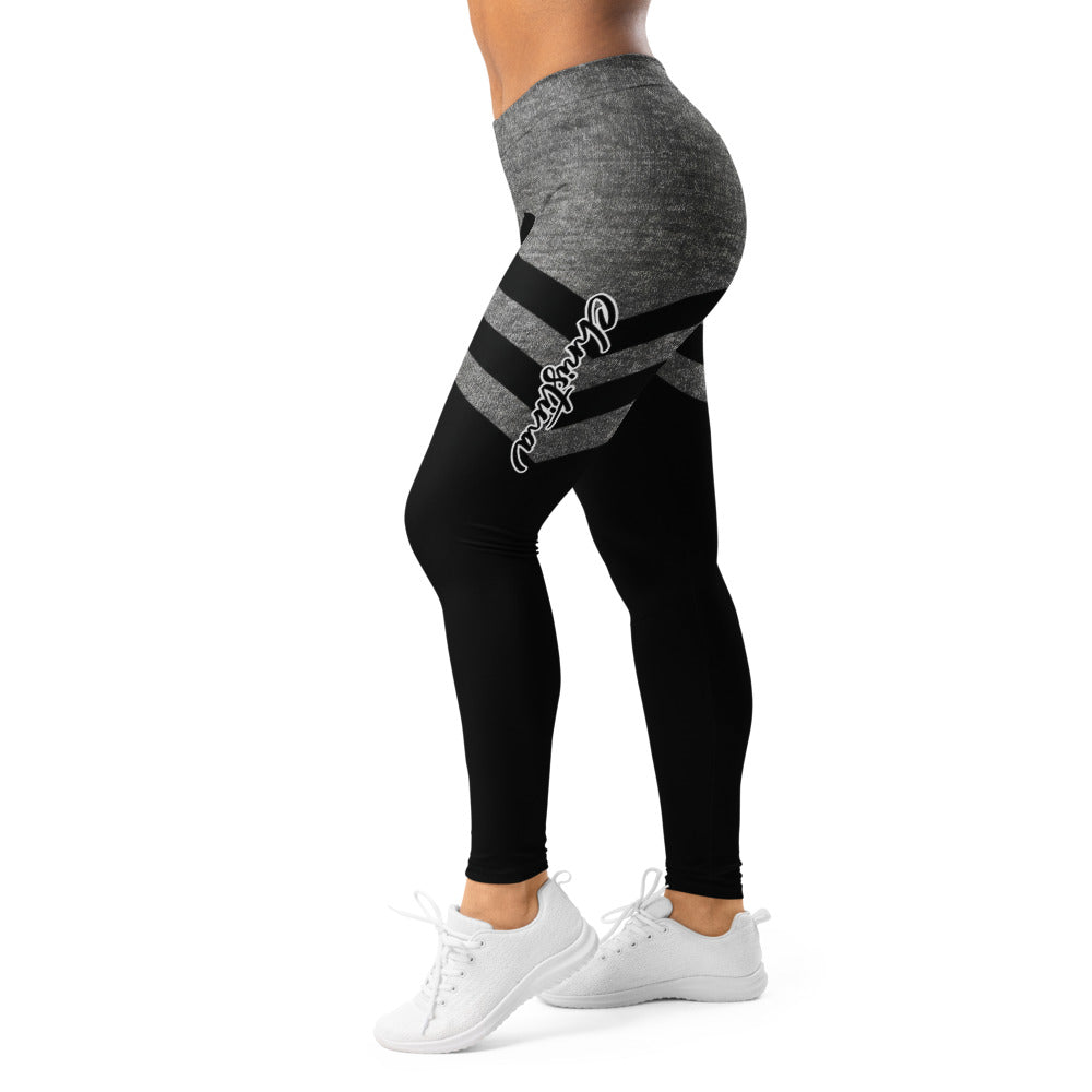 Personalisierte Damen Sportleggings Schwarz Grau Meliert Kontrast-Design Fitness Yoga Leggings W860