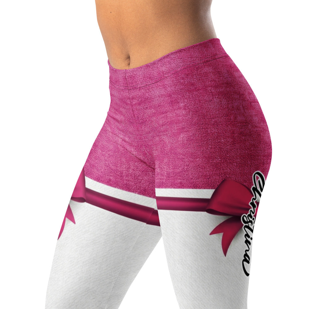 Personalisierte Damen Sportleggings Pink Weiß Schleifen-Design Fitness Leggings Yoga Hose Y887