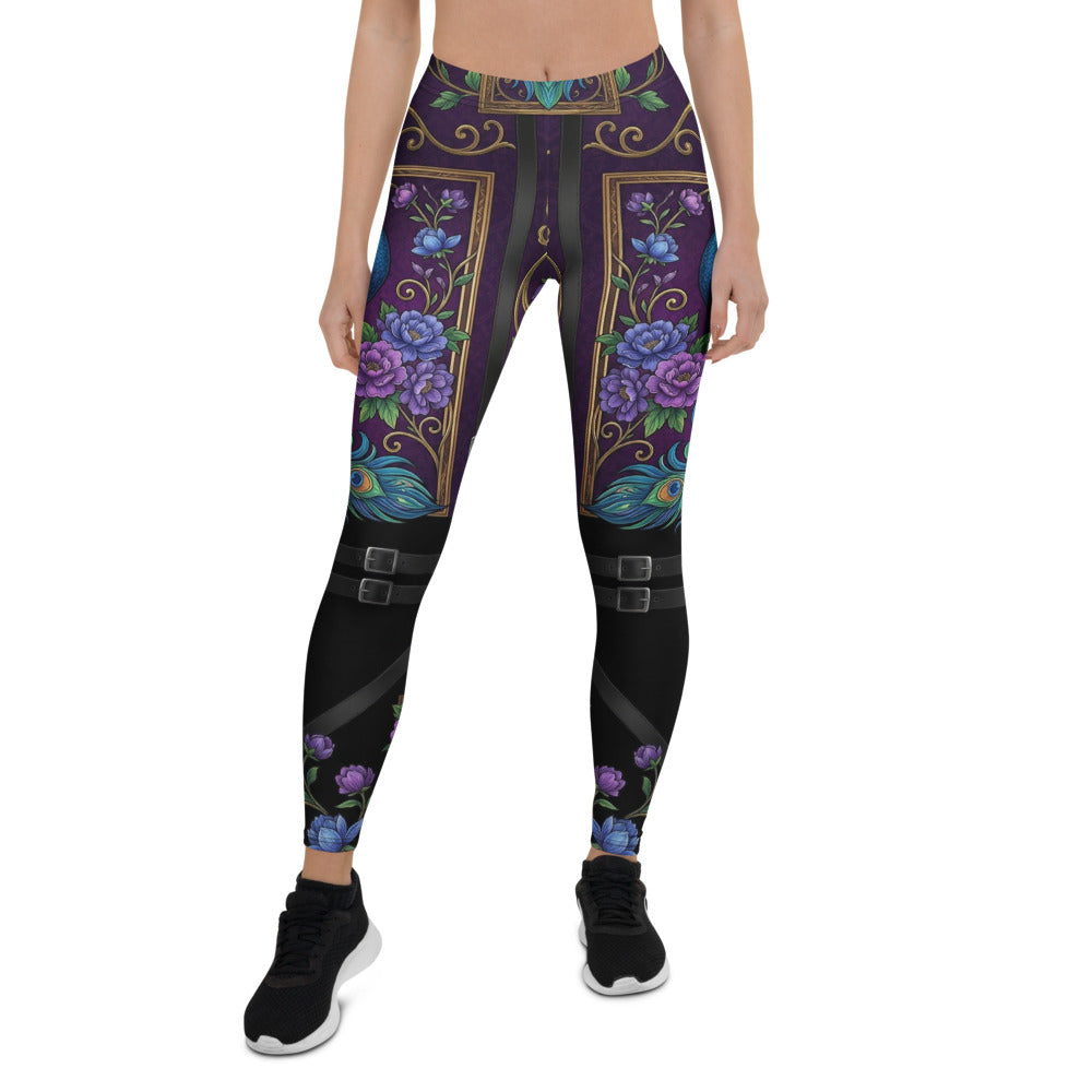 Personalisierte Damen Sportleggings Pfauen-Design Blumenmuster Lila Schwarz Fitnesshose Barock-Stil Yoga Tights Q904