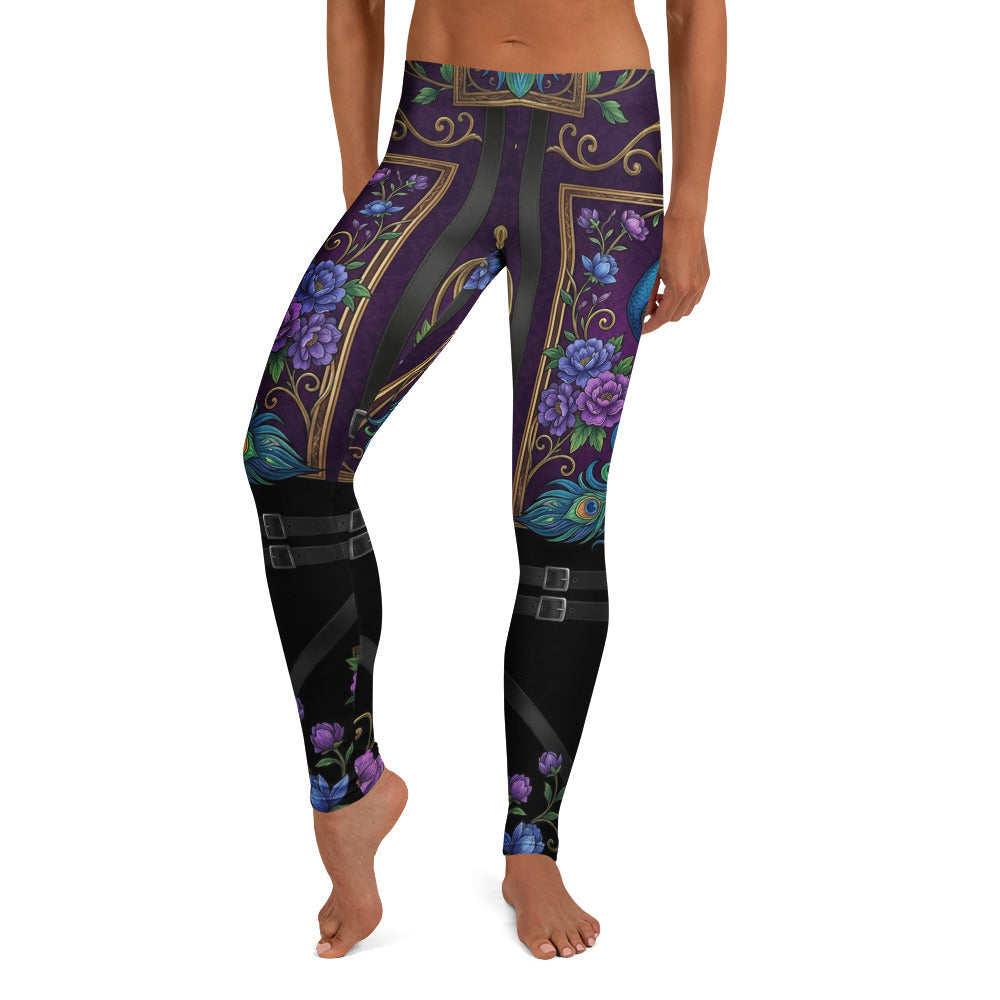 Personalisierte Damen Sportleggings Pfauen-Design Blumenmuster Lila Schwarz Fitnesshose Barock-Stil Yoga Tights Q904