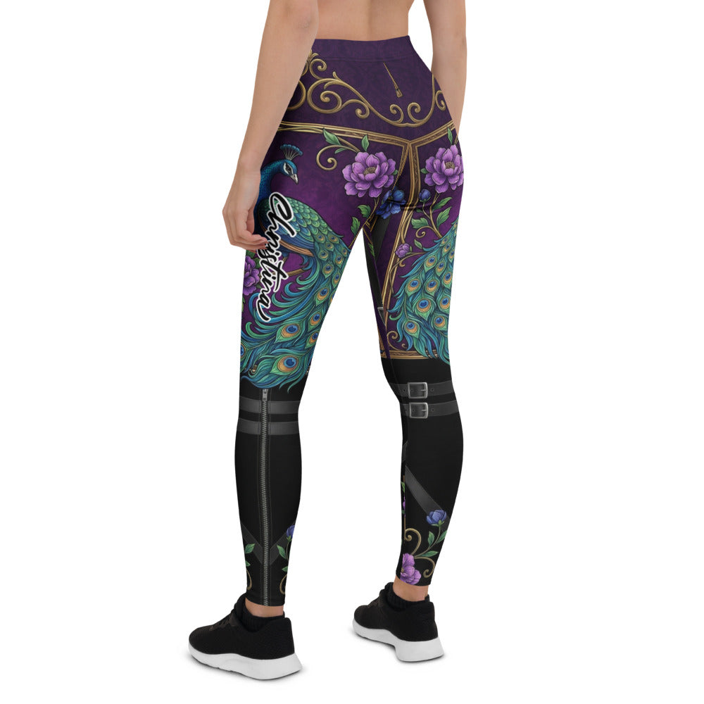 Personalisierte Damen Sportleggings Pfauen-Design Blumenmuster Lila Schwarz Fitnesshose Barock-Stil Yoga Tights Q904