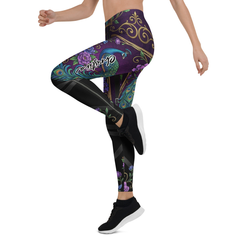 Personalisierte Damen Sportleggings Pfauen-Design Blumenmuster Lila Schwarz Fitnesshose Barock-Stil Yoga Tights Q904