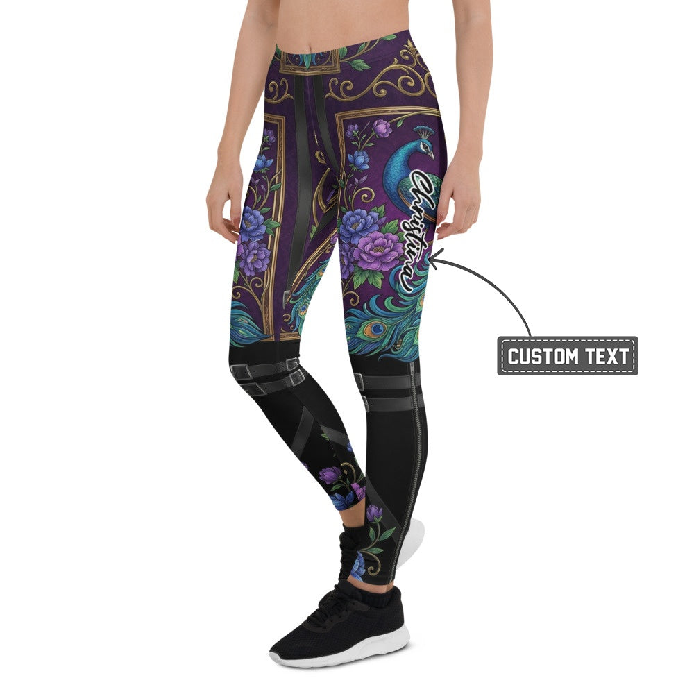 Personalisierte Damen Sportleggings Pfauen-Design Blumenmuster Lila Schwarz Fitnesshose Barock-Stil Yoga Tights Q904 - XL