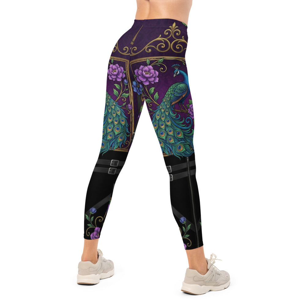 Personalisierte Damen Sportleggings Pfauen-Design Blumenmuster Lila Schwarz Fitnesshose Barock-Stil Yoga Tights Q904