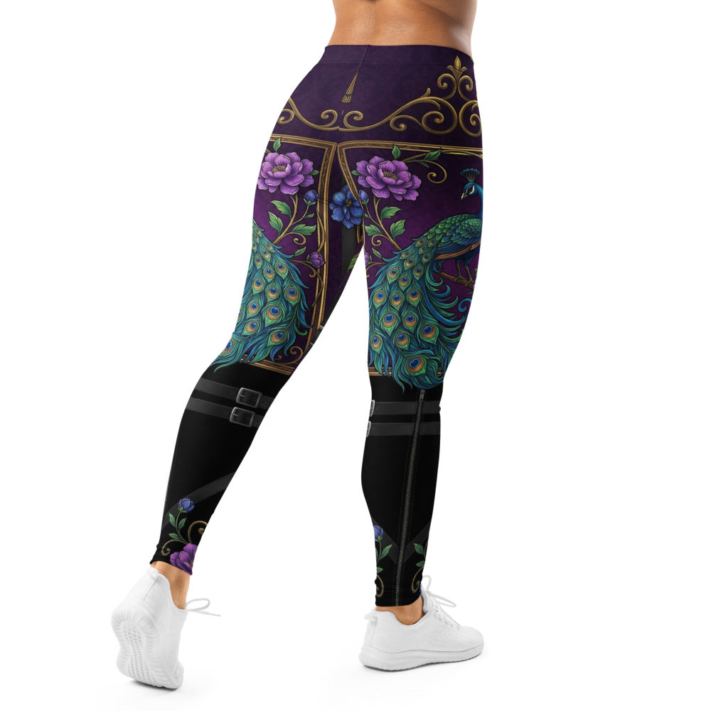Personalisierte Damen Sportleggings Pfauen-Design Blumenmuster Lila Schwarz Fitnesshose Barock-Stil Yoga Tights Q904
