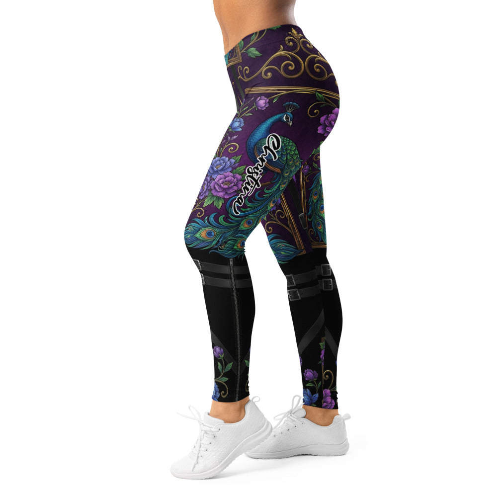 Personalisierte Damen Sportleggings Pfauen-Design Blumenmuster Lila Schwarz Fitnesshose Barock-Stil Yoga Tights Q904