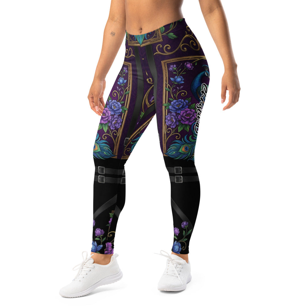 Personalisierte Damen Sportleggings Pfauen-Design Blumenmuster Lila Schwarz Fitnesshose Barock-Stil Yoga Tights Q904