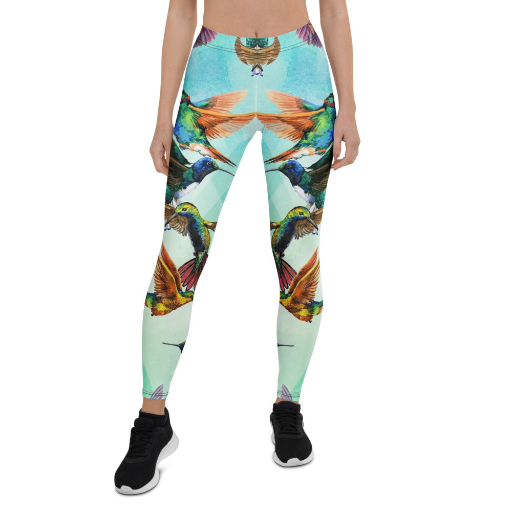 Personalisierte Damen Sportleggings Kolibri Muster Türkis Bunt Fitness Yoga Leggings V330