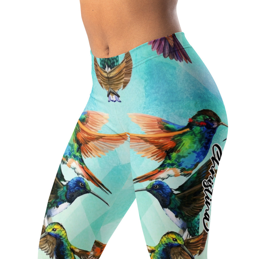 Personalisierte Damen Sportleggings Kolibri Muster Türkis Bunt Fitness Yoga Leggings V330