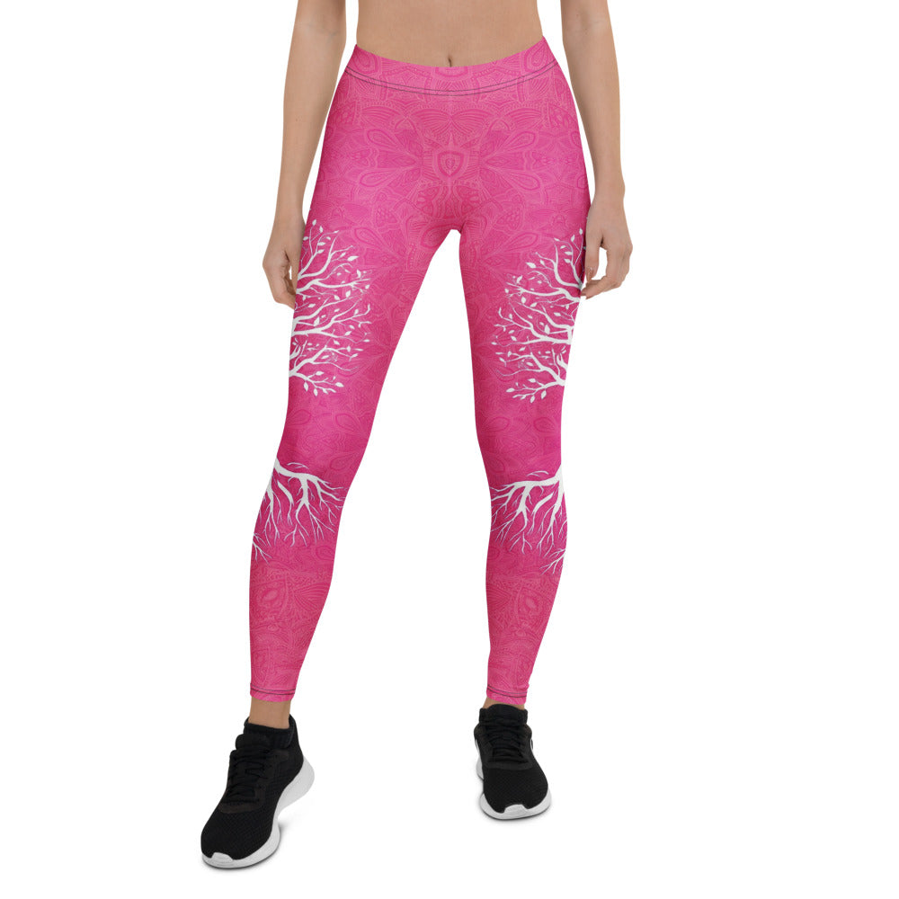 Personalisierte Damen Sportleggings Pink Lebensbaum Motiv Yoga Leggings Fitnesshose mit Muster E501