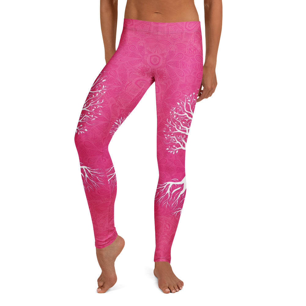 Personalisierte Damen Sportleggings Pink Lebensbaum Motiv Yoga Leggings Fitnesshose mit Muster E501