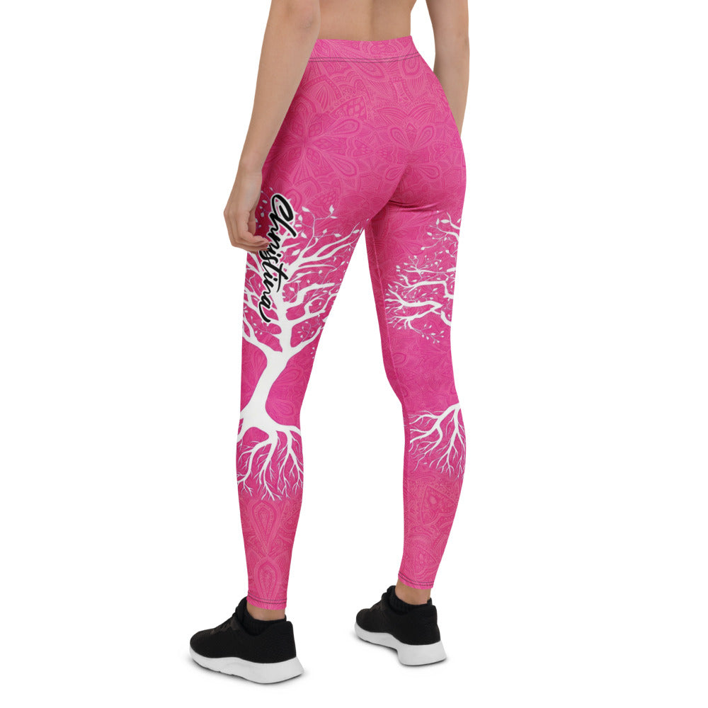 Personalisierte Damen Sportleggings Pink Lebensbaum Motiv Yoga Leggings Fitnesshose mit Muster E501