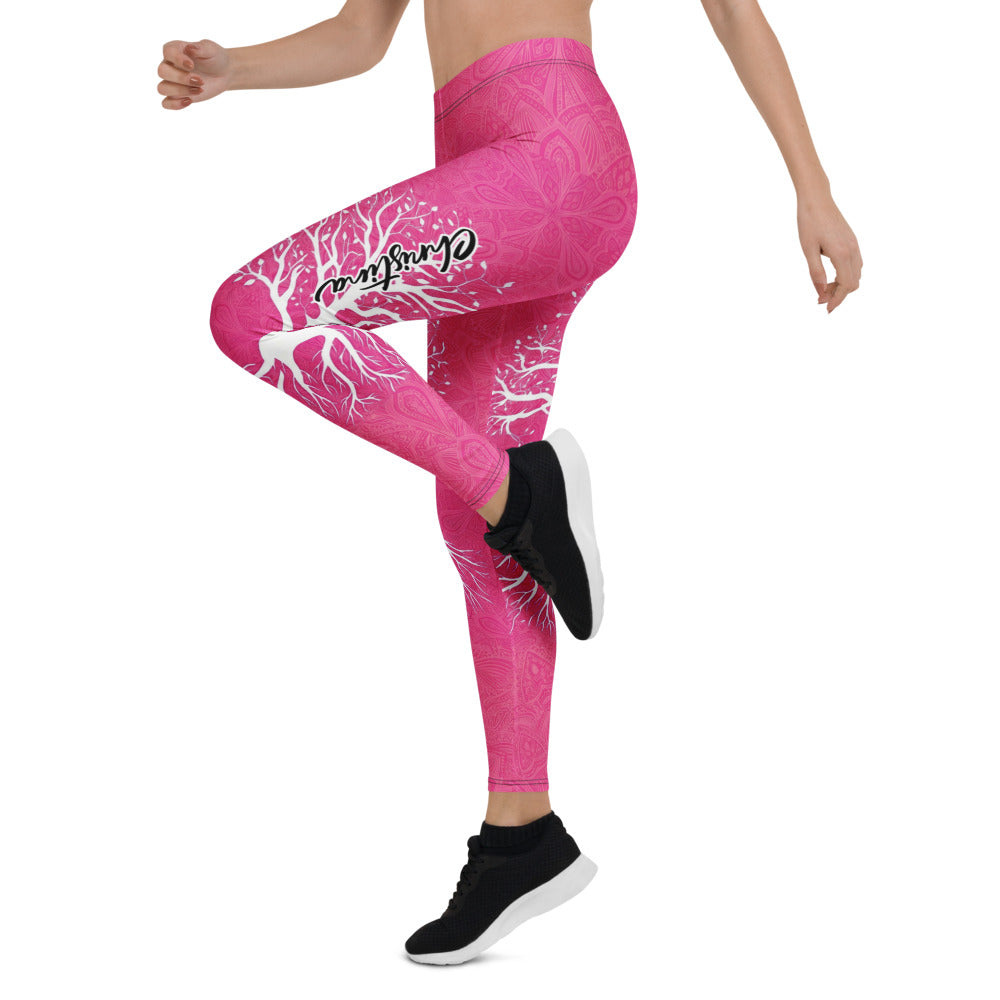 Personalisierte Damen Sportleggings Pink Lebensbaum Motiv Yoga Leggings Fitnesshose mit Muster E501