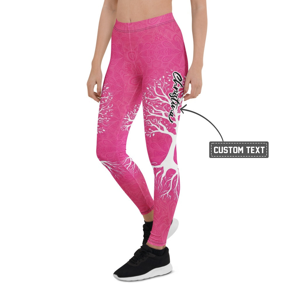 Personalisierte Damen Sportleggings Pink Lebensbaum Motiv Yoga Leggings Fitnesshose mit Muster E501 - XL