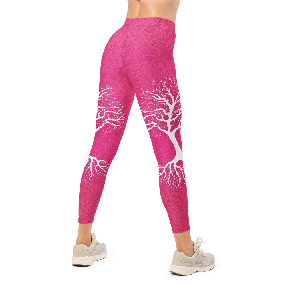 Personalisierte Damen Sportleggings Pink Lebensbaum Motiv Yoga Leggings Fitnesshose mit Muster E501