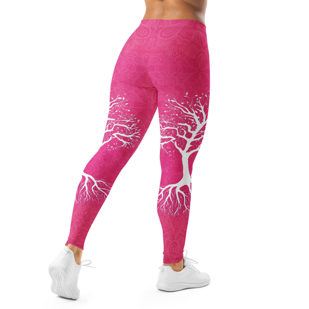 Personalisierte Damen Sportleggings Pink Lebensbaum Motiv Yoga Leggings Fitnesshose mit Muster E501