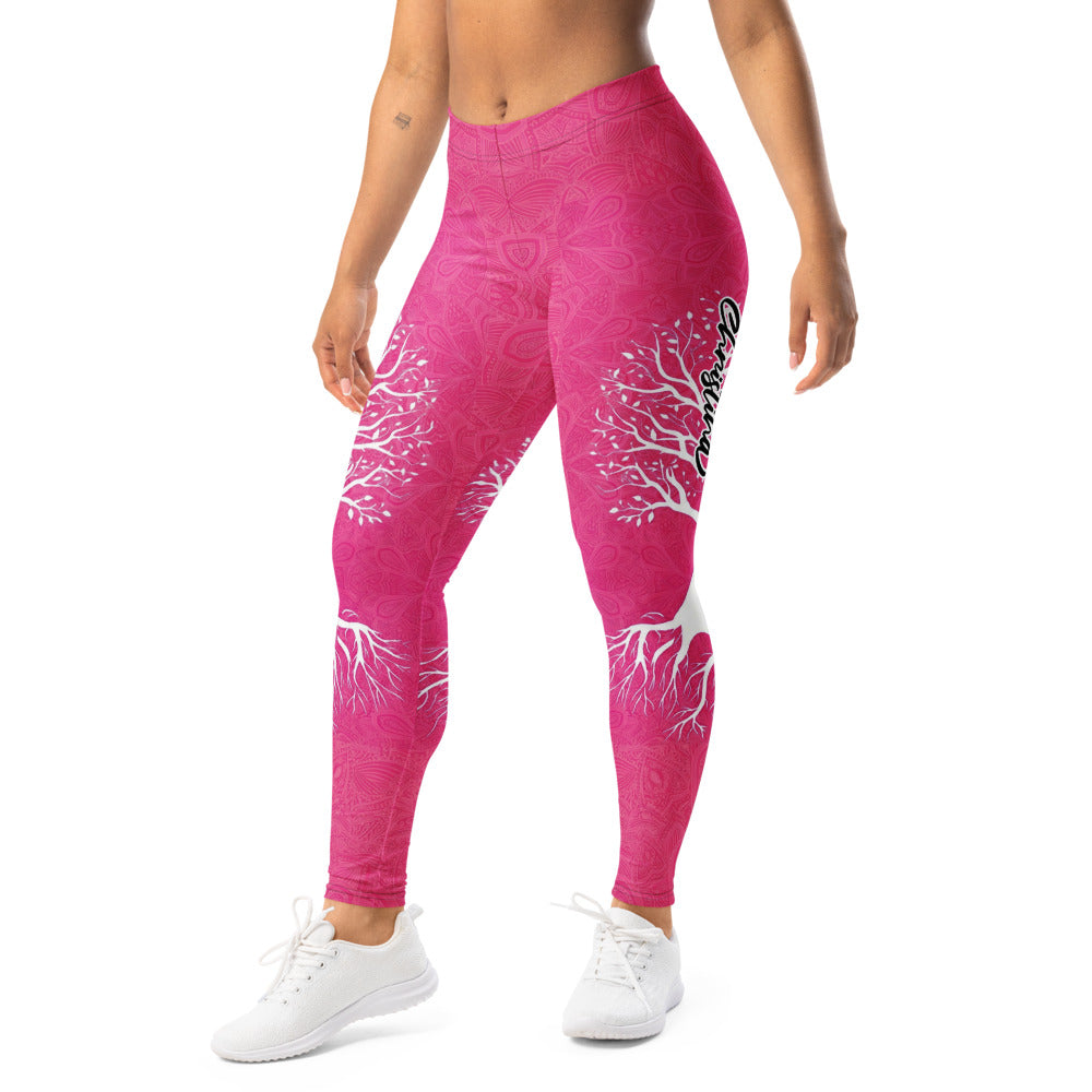 Personalisierte Damen Sportleggings Pink Lebensbaum Motiv Yoga Leggings Fitnesshose mit Muster E501