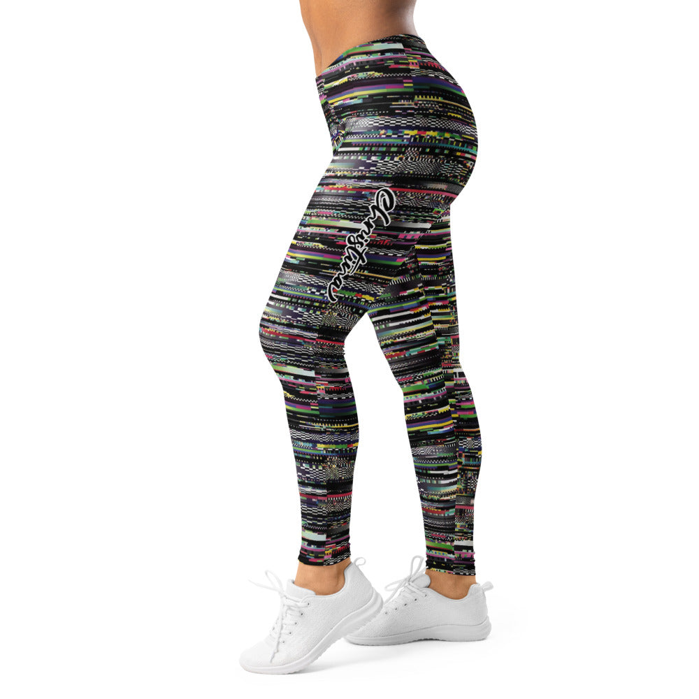 Personalisierte Sportleggings Damen Glitch Design Mehrfarbig Fitness Leggings Pixel Muster Blickdicht S591