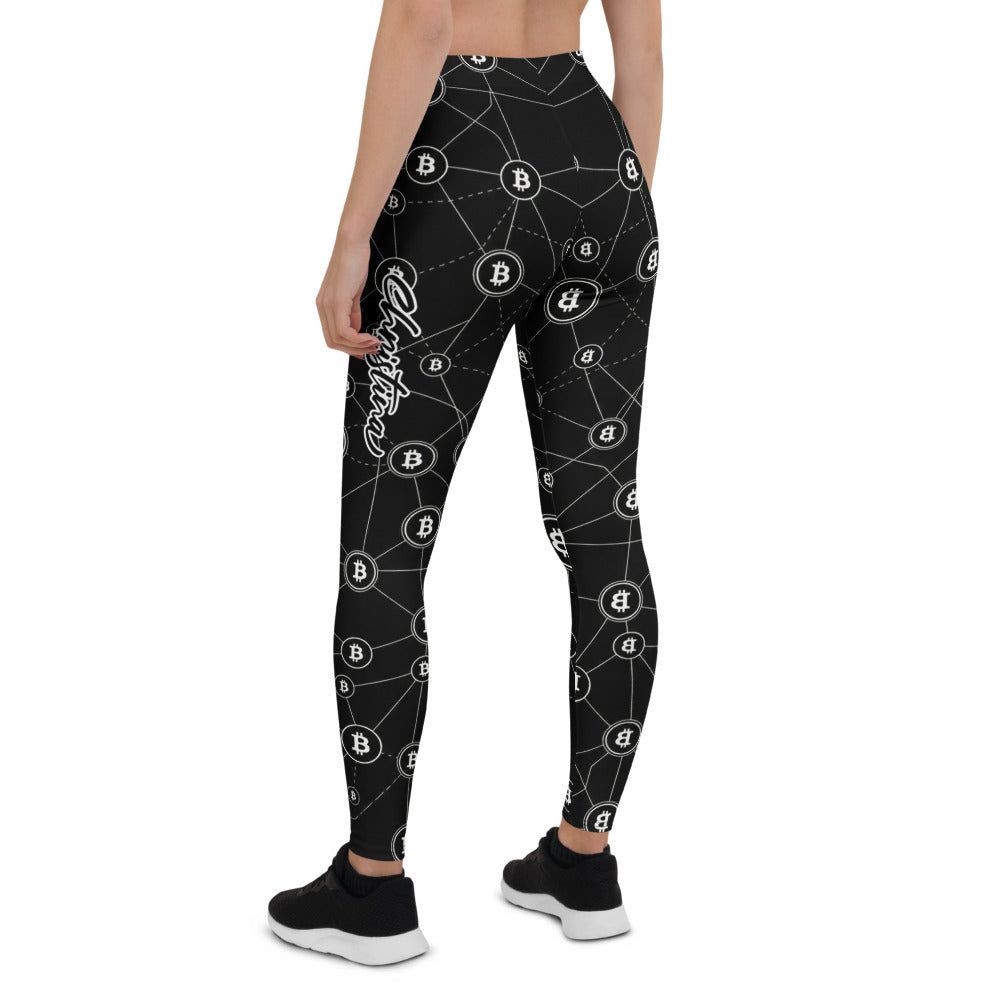 Personalisierte Damen Sportleggings Bitcoin Design Schwarz Weiß Krypto Fitness Leggings P473