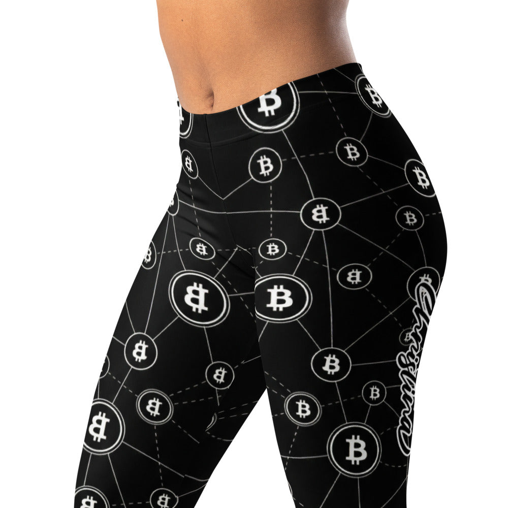 Personalisierte Damen Sportleggings Bitcoin Design Schwarz Weiß Krypto Fitness Leggings P473