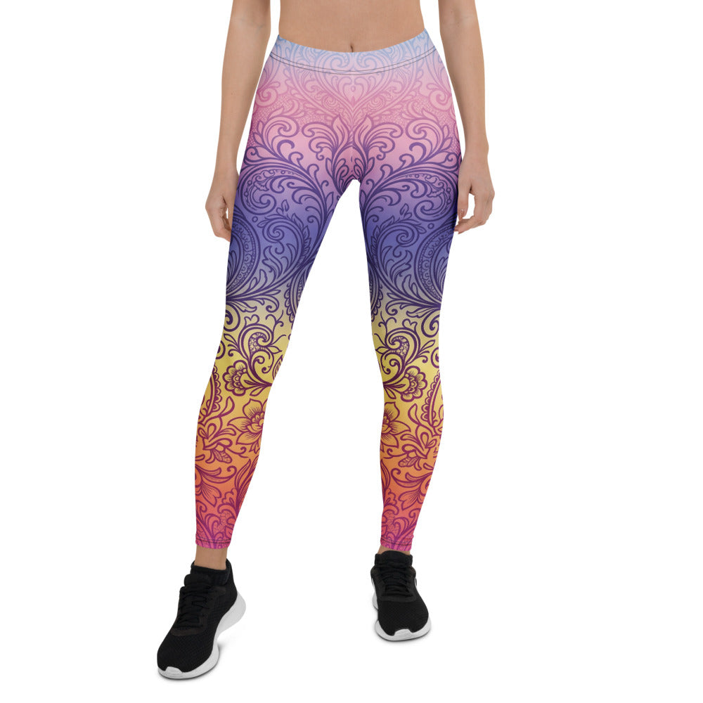 Personalisierte Yoga Leggings Damen Ornament Muster Farbverlauf Pink Lila Gelb Sportleggings Fitnesshose O163