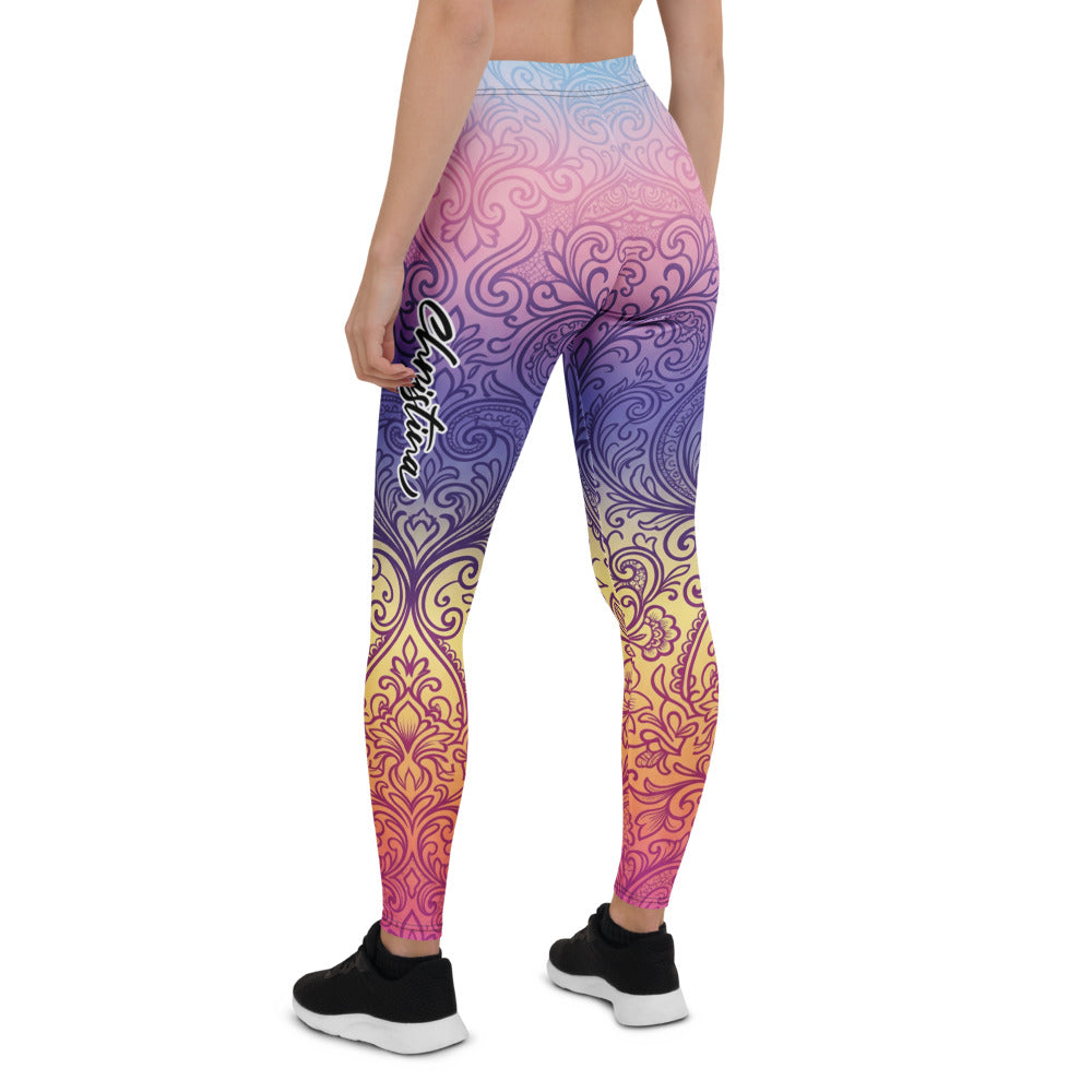 Personalisierte Yoga Leggings Damen Ornament Muster Farbverlauf Pink Lila Gelb Sportleggings Fitnesshose O163