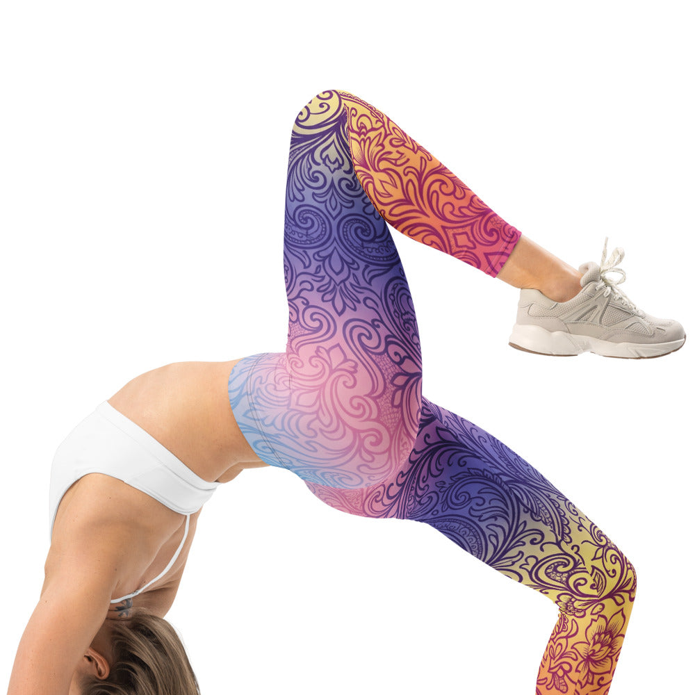 Personalisierte Yoga Leggings Damen Ornament Muster Farbverlauf Pink Lila Gelb Sportleggings Fitnesshose O163