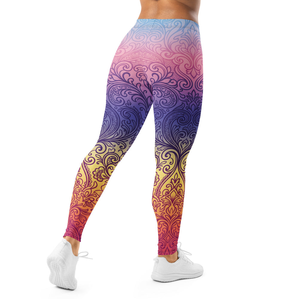 Personalisierte Yoga Leggings Damen Ornament Muster Farbverlauf Pink Lila Gelb Sportleggings Fitnesshose O163