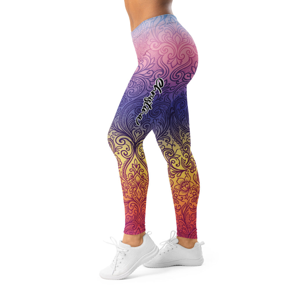 Personalisierte Yoga Leggings Damen Ornament Muster Farbverlauf Pink Lila Gelb Sportleggings Fitnesshose O163