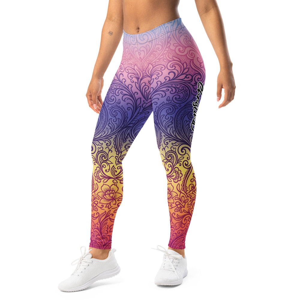 Personalisierte Yoga Leggings Damen Ornament Muster Farbverlauf Pink Lila Gelb Sportleggings Fitnesshose O163