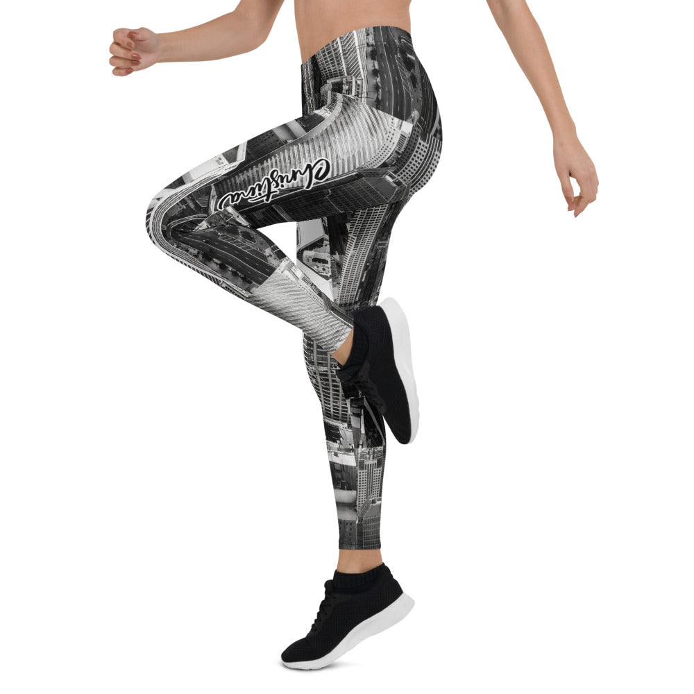 Personalisierte Damen Sportleggings Skyline Design Schwarz Weiß Architektur Muster Fitness Leggings G149