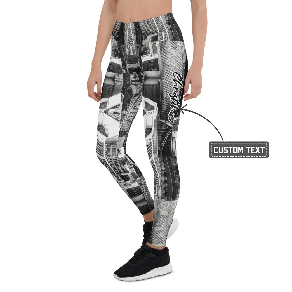 Personalisierte Damen Sportleggings Skyline Design Schwarz Weiß Architektur Muster Fitness Leggings G149 - XL