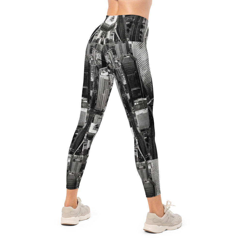 Personalisierte Damen Sportleggings Skyline Design Schwarz Weiß Architektur Muster Fitness Leggings G149