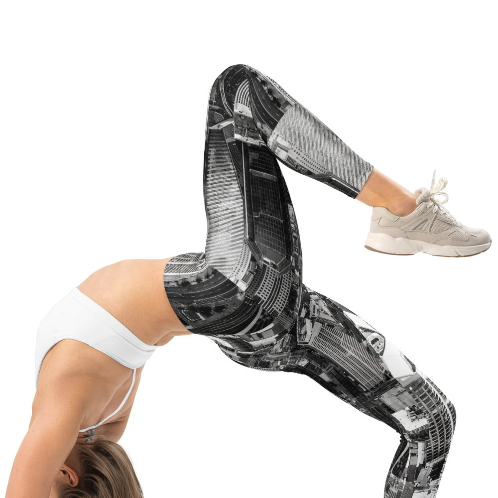 Personalisierte Damen Sportleggings Skyline Design Schwarz Weiß Architektur Muster Fitness Leggings G149