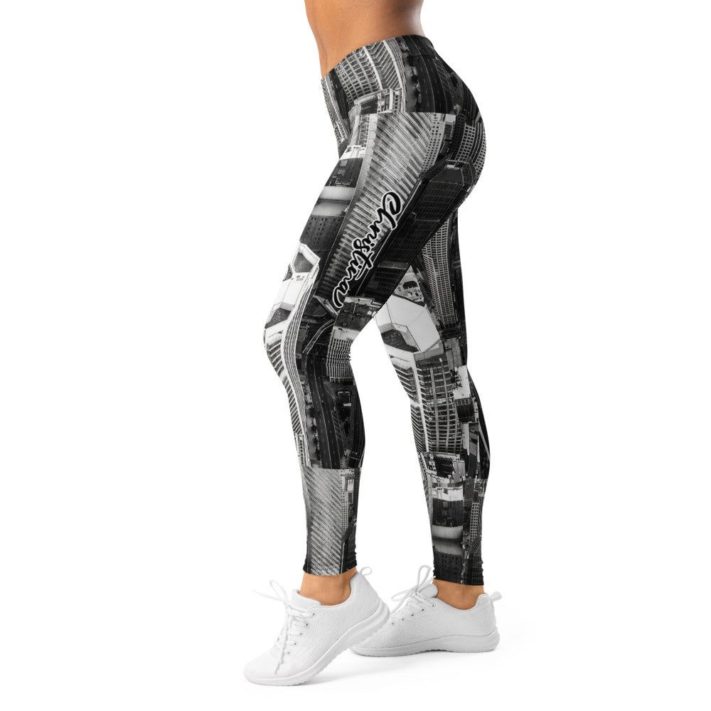 Personalisierte Damen Sportleggings Skyline Design Schwarz Weiß Architektur Muster Fitness Leggings G149