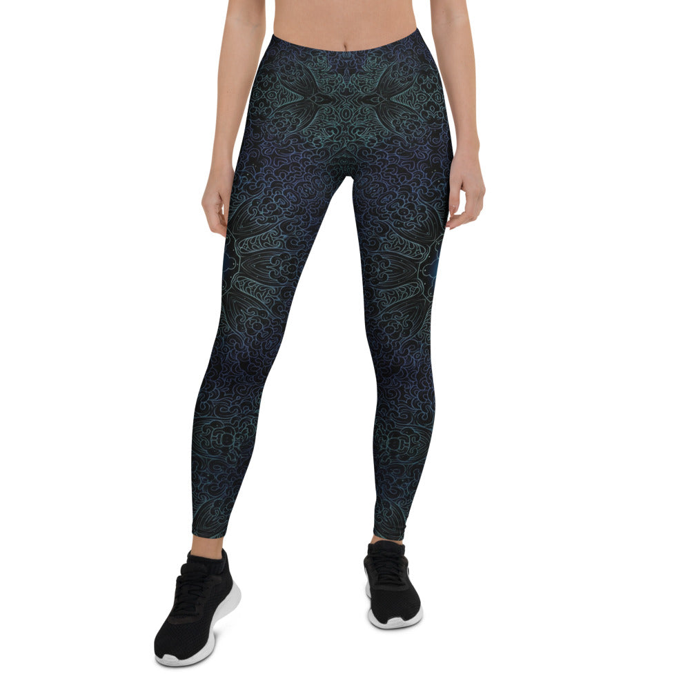 Personalisierte Damen Sportleggings Ornament Muster Schwarz Türkis Blau Fitness Leggings Yoga Hose M076