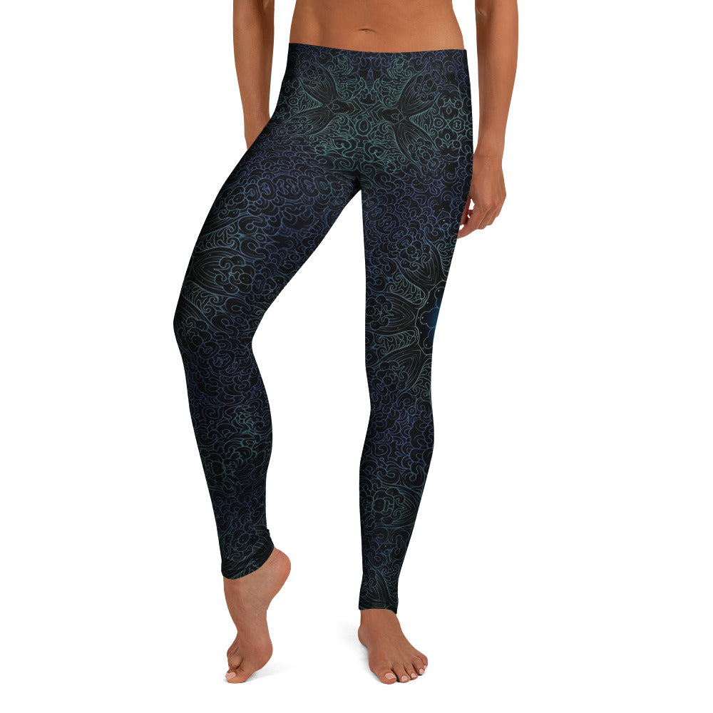 Personalisierte Damen Sportleggings Ornament Muster Schwarz Türkis Blau Fitness Leggings Yoga Hose M076