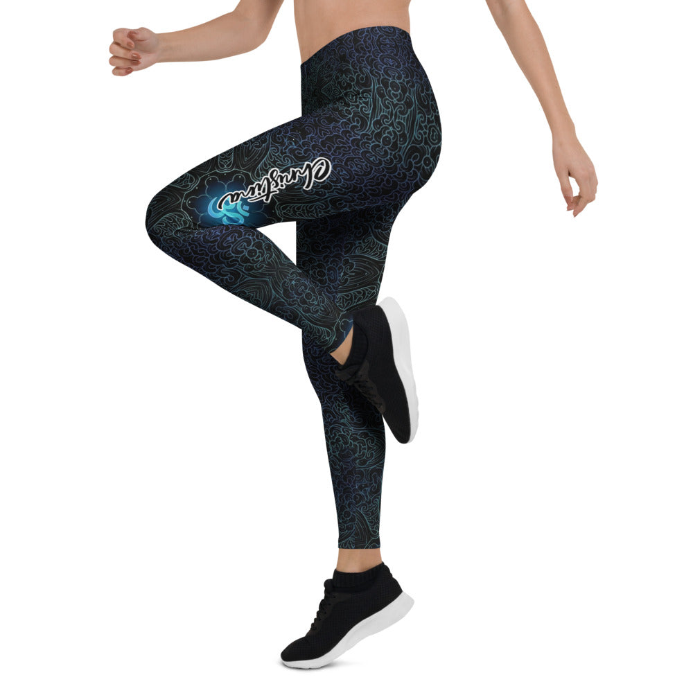 Personalisierte Damen Sportleggings Ornament Muster Schwarz Türkis Blau Fitness Leggings Yoga Hose M076