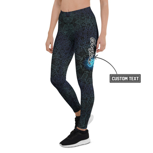 Personalisierte Damen Sportleggings Ornament Muster Schwarz Türkis Blau Fitness Leggings Yoga Hose M076 - XL