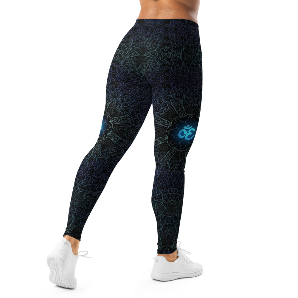 Personalisierte Damen Sportleggings Ornament Muster Schwarz Türkis Blau Fitness Leggings Yoga Hose M076