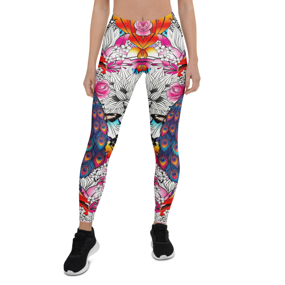 Personalisierte Damen Sportleggings Bunt Pfauenfeder & Blumen Muster Fitness Leggings Yoga Tights J176