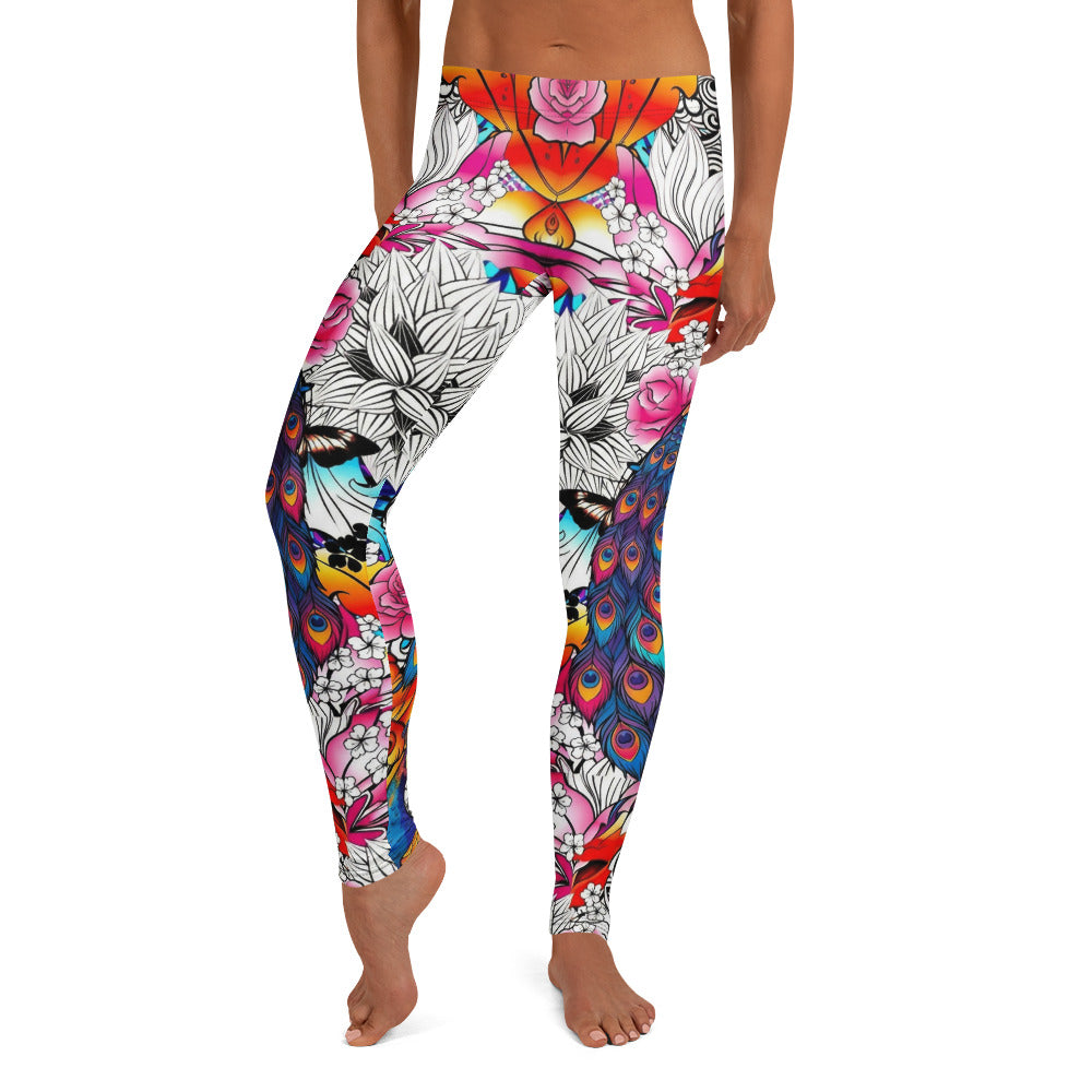 Personalisierte Damen Sportleggings Bunt Pfauenfeder & Blumen Muster Fitness Leggings Yoga Tights J176