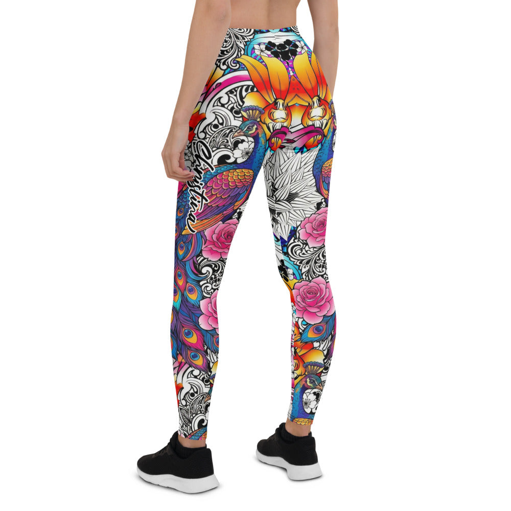 Personalisierte Damen Sportleggings Bunt Pfauenfeder & Blumen Muster Fitness Leggings Yoga Tights J176