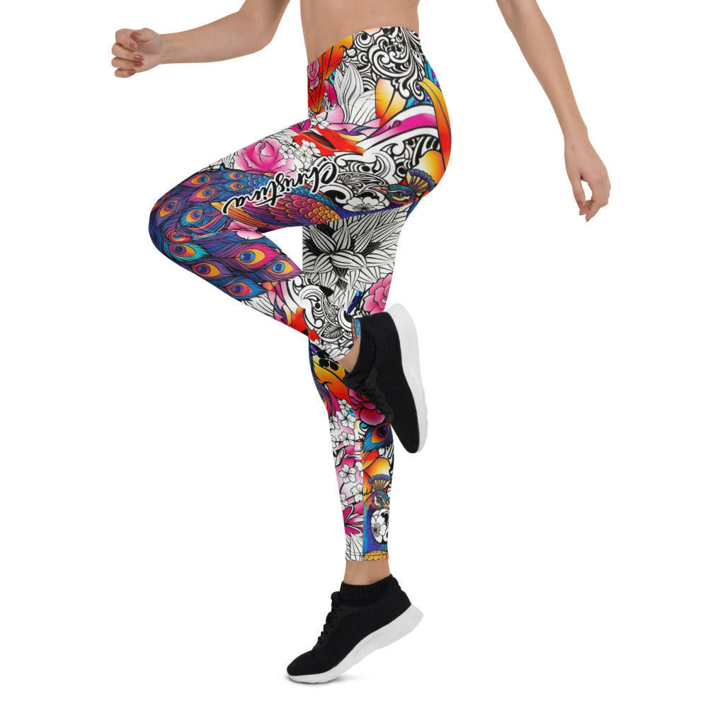 Personalisierte Damen Sportleggings Bunt Pfauenfeder & Blumen Muster Fitness Leggings Yoga Tights J176