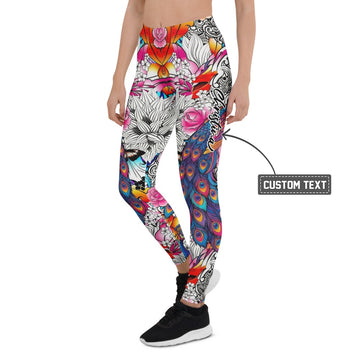 Personalisierte Damen Sportleggings Bunt Pfauenfeder & Blumen Muster Fitness Leggings Yoga Tights J176 - XL