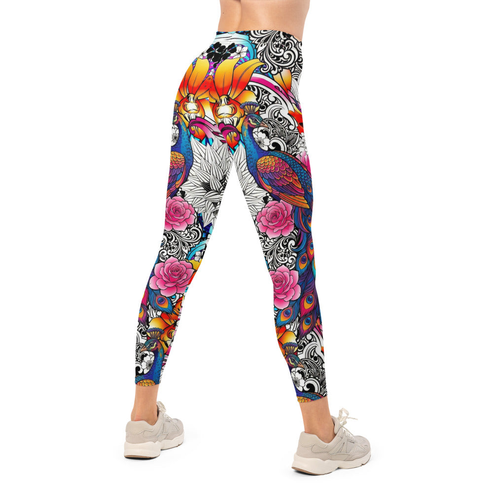 Personalisierte Damen Sportleggings Bunt Pfauenfeder & Blumen Muster Fitness Leggings Yoga Tights J176