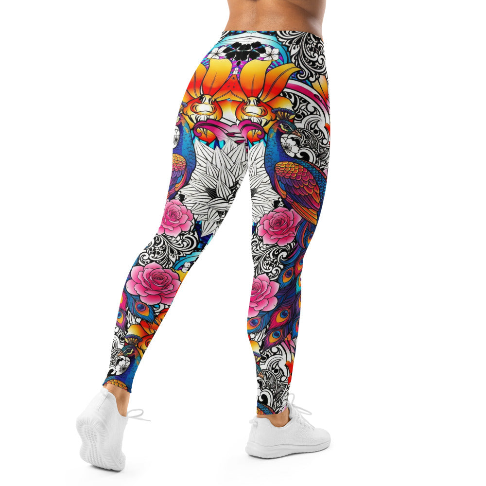 Personalisierte Damen Sportleggings Bunt Pfauenfeder & Blumen Muster Fitness Leggings Yoga Tights J176